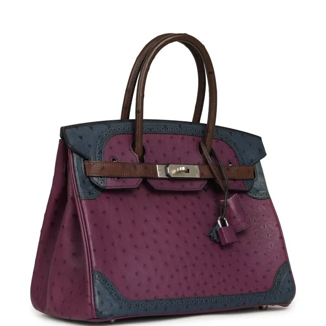 Hermès Birkin Ghillies 30 Violet, Bleu De Malte, Chocolat Ostrich Palladium Hardware in Blue Ostrich from Madison Avenue Couture, photo 2 of 2