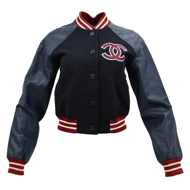 Chanel Spring Letterman Bomber Jacket Navy 04P #38 in Navy Wool from AMORE Vintage Tokyo