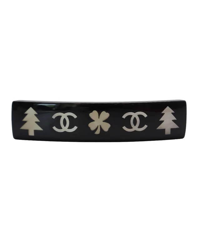 Chanel Vintage Black Resin Hair Barette Clover / Pine 03A in Black Resin from Luxury Promise