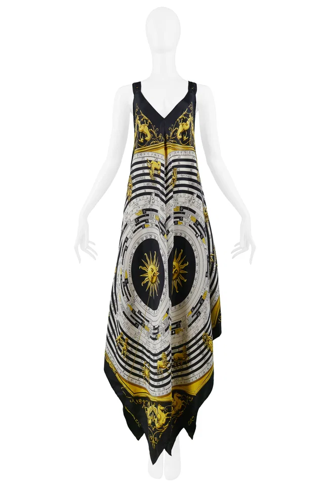 Hermès Gold Zodiac Print Scarf Dress in Gold Silk from Resurrection Vintage
