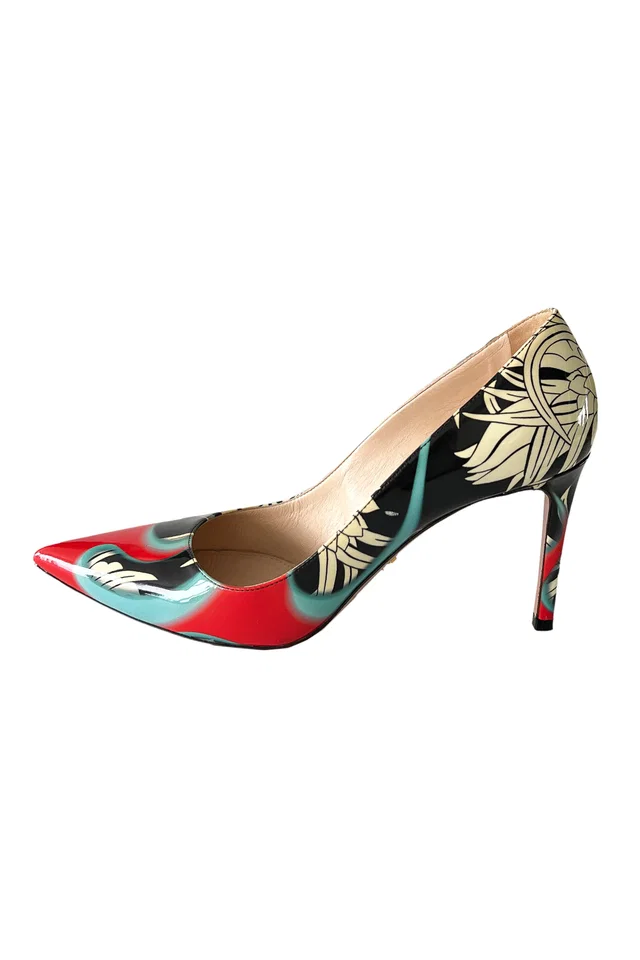 Prada Black, White, Floral Shoes With Flames 2018 in Black Patent leather from Resurrection Vintage