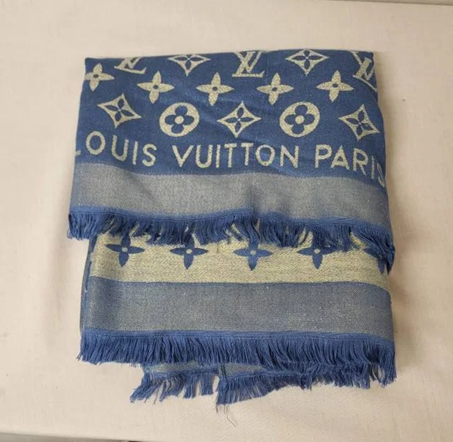 Louis Vuitton Monogram Shine Shawl in Blue Silk from Oxfam Online Shop