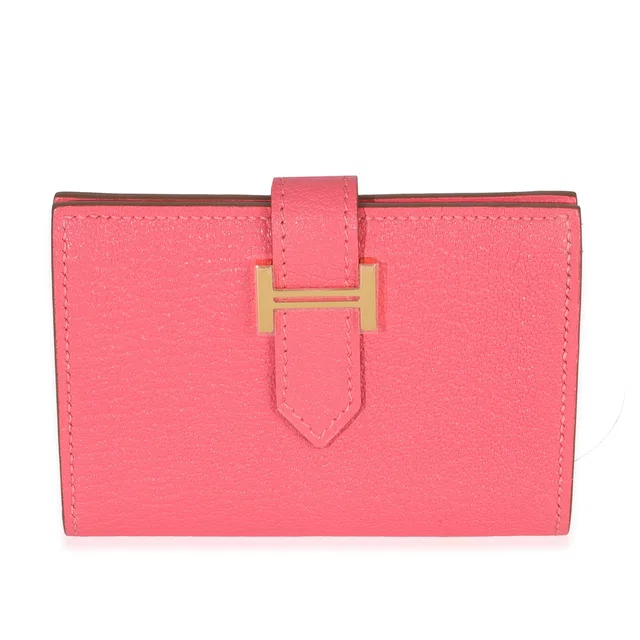 Hermès Rose Lipstick Chevre Mysore Bearn Card Holder Wallet Ghw Pink Leather in Pink Goatskin from HEWI