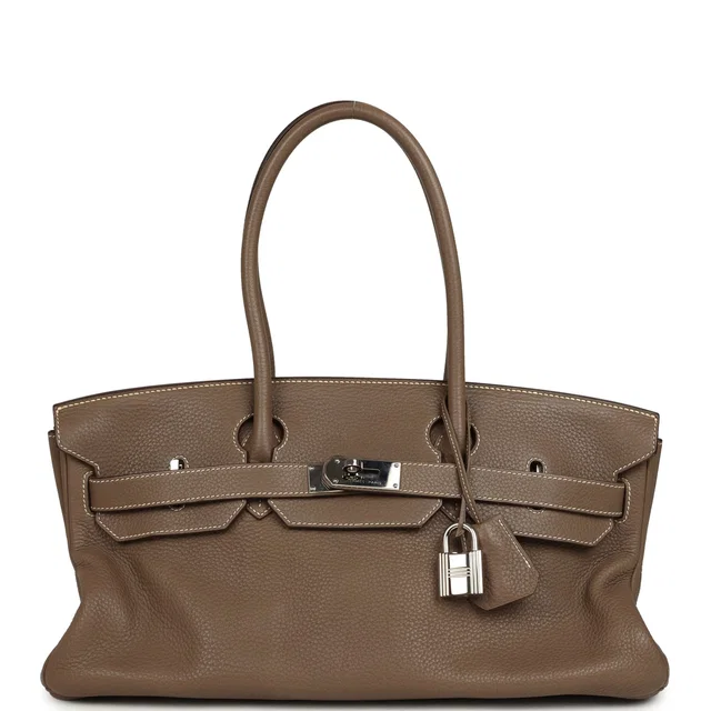 Hermès Vintage Shoulder Birkin 42 JPG Etoupe Clemence Palladium Hardware in Taupe Clemence leather from Madison Avenue Couture