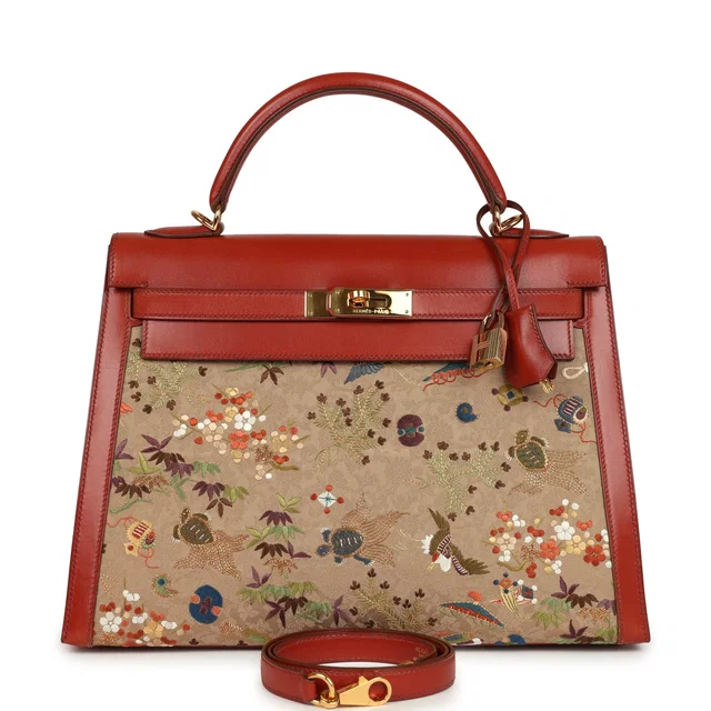 Hermès Vintage "Kimono" Kelly Sellier 32 Brique Box and Embroidered Silk Gold Hardware in Red/Multi Box/Silk from Madison Avenue Couture