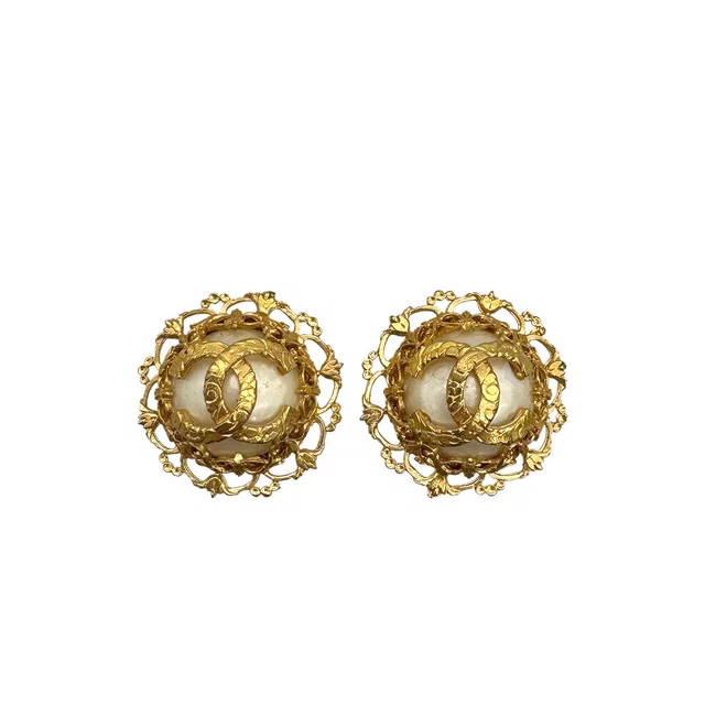 Chanel Vintage Earrings Cocomark Faux Pearl Gold Accessory 93P in Gold from Luxury Promise