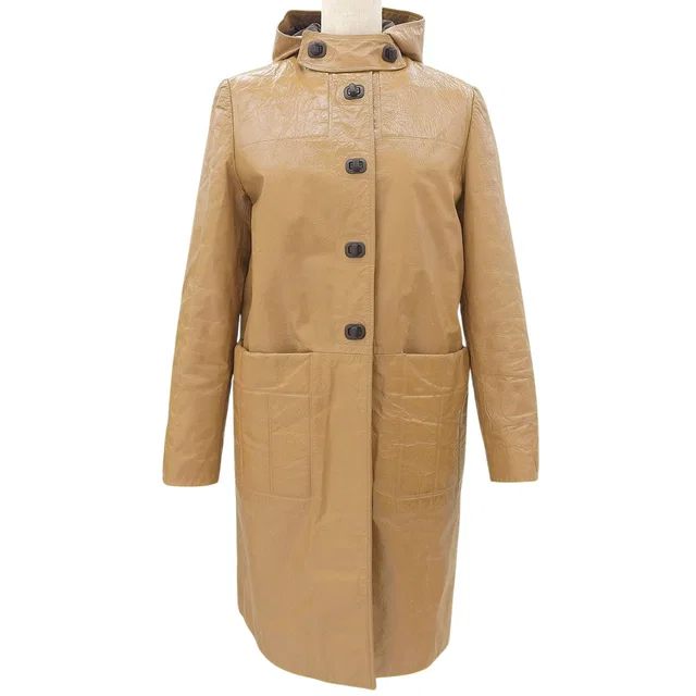 Miu Miu Leather Turn-Lock Button Long Coat #38 Camel in Brown Leather from VINTAGE QOO TOKYO