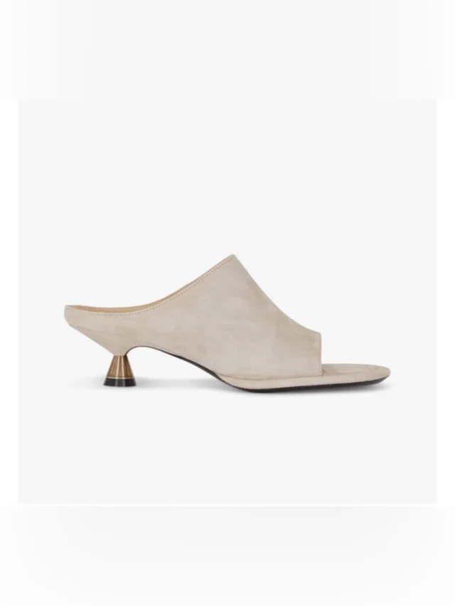 Khaite Beige Suede Open-Toe Mule With Sculpted Metallic Heel 38 in brown|neutral Suede from Poshmark