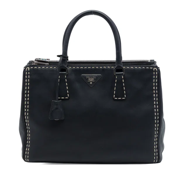 Black Prada Medium City Calf Hand Stitched Galleria Double Zip Satchel in Black Leather from Designer Revival