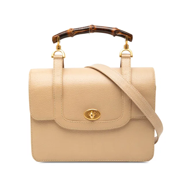 Beige Gucci Calfskin Turnlock Bamboo Top Handle Bag Satchel in Beige Calfskin from Designer Revival