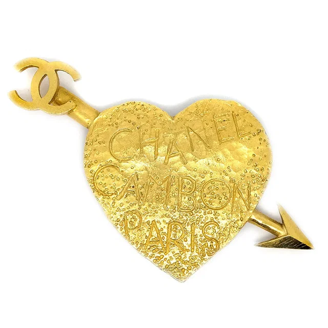 Chanel Bow And Arrow Heart Brooch Pin Gold 93P in Gold from AMORE Vintage Tokyo