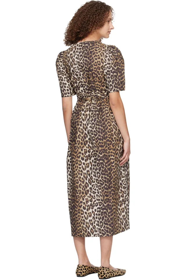GANNI Brown & Black Leopard Printed Cotton Midi Dress, photo 3 of 4 from SSENSE