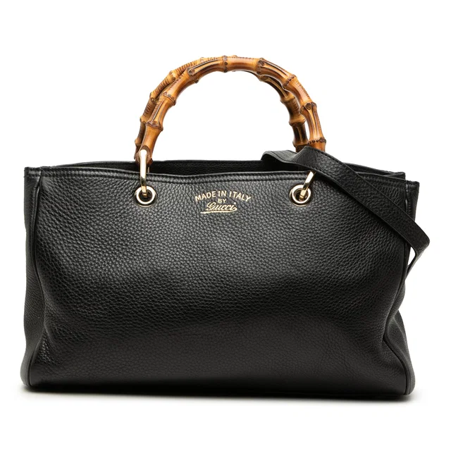 Black Gucci Medium Calfskin Bamboo Shopper Satchel in Black Calfskin from Designer Revival