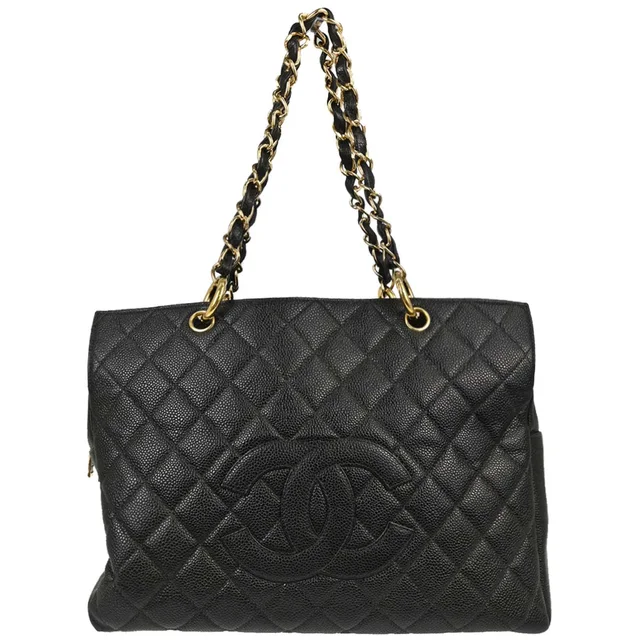 Chanel 2003-2004 Black Caviar Skin GST Tote Chain Handbag in Black Caviar leather from AMORE Vintage Tokyo