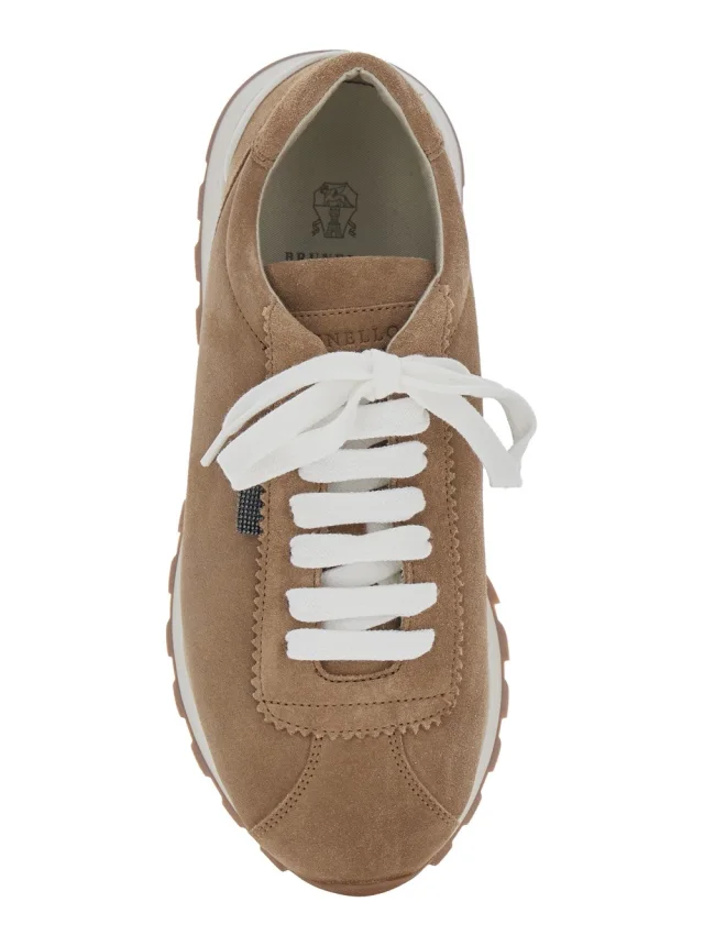 Brunello cucinelli Low Top Sneaker with Monile Detail on the Side and Lettering Logo on the Tongue in Brown Suede for Women in Brown 100% Calf, photo 7 of 8 from Gaudenzi Boutique
