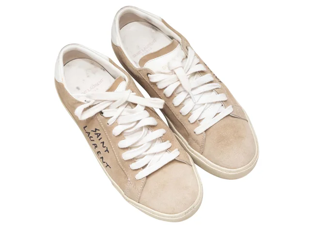 Tan & White Saint Laurent Suede Spellout Low-Top Sneakers Size 37.5 in Brown Suede from Designer Revival, photo 2 of 2