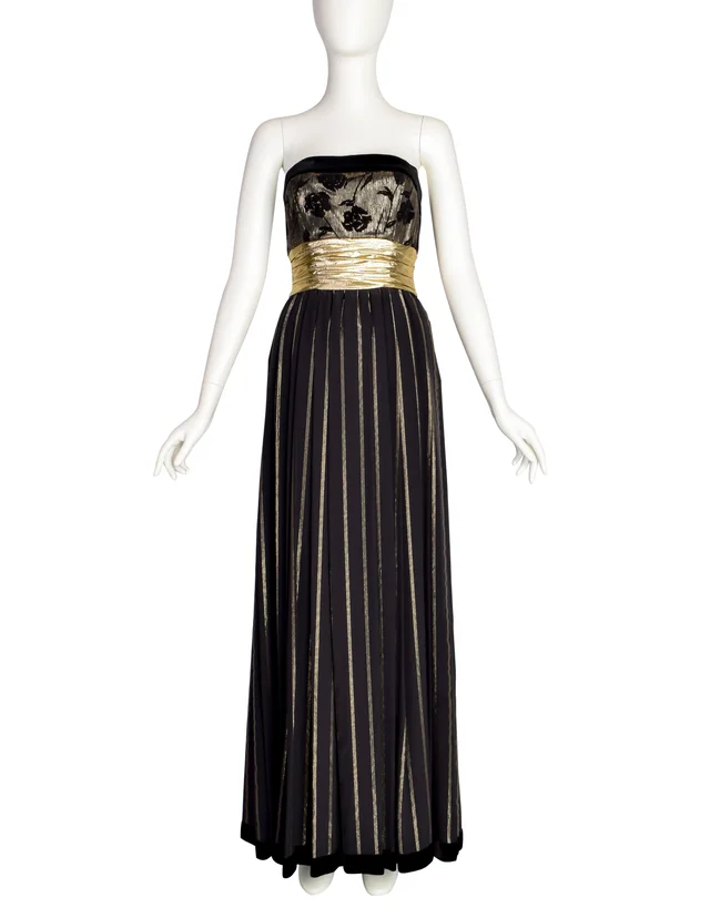 Escada Vintage Black and Gold Silk and Velvet Floral Striped Evening Gown Dress in Black Velvet from Amarcord Vintage Fashion