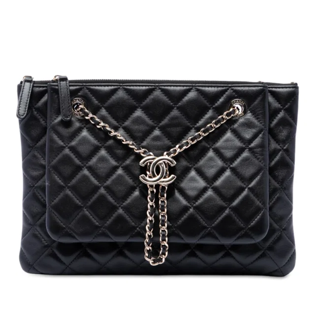 Black Chanel CC Quilted Lambskin Double Zip Crossbody in Black Lambskin from Designer Revival