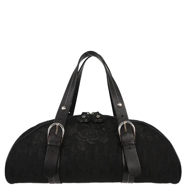 Dior Black Floral Embroidered Trotter Handbag in Black Canvas from AMORE Vintage Tokyo