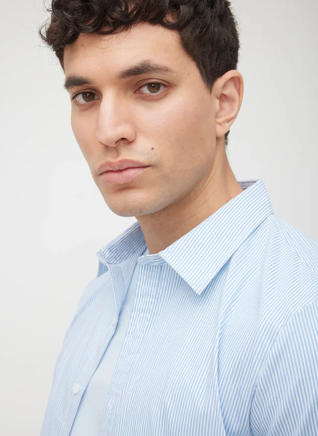 Kit and Ace Acadia Short Sleeve Poplin Shirt in Bright White/Cool Blue Stripe PopTec, photo 5 of 7 from Kit and Ace