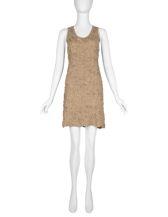 Comme des Garçons Vintage SS 1986 Tan Cotton Textured Applique Mini Dress in Brown from Amarcord Vintage Fashion