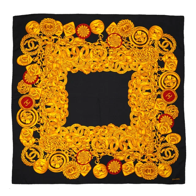 Chanel Vintage Cocomark Chain Pattern Scarf Gold Black Silk in Black Silk from Luxury Promise