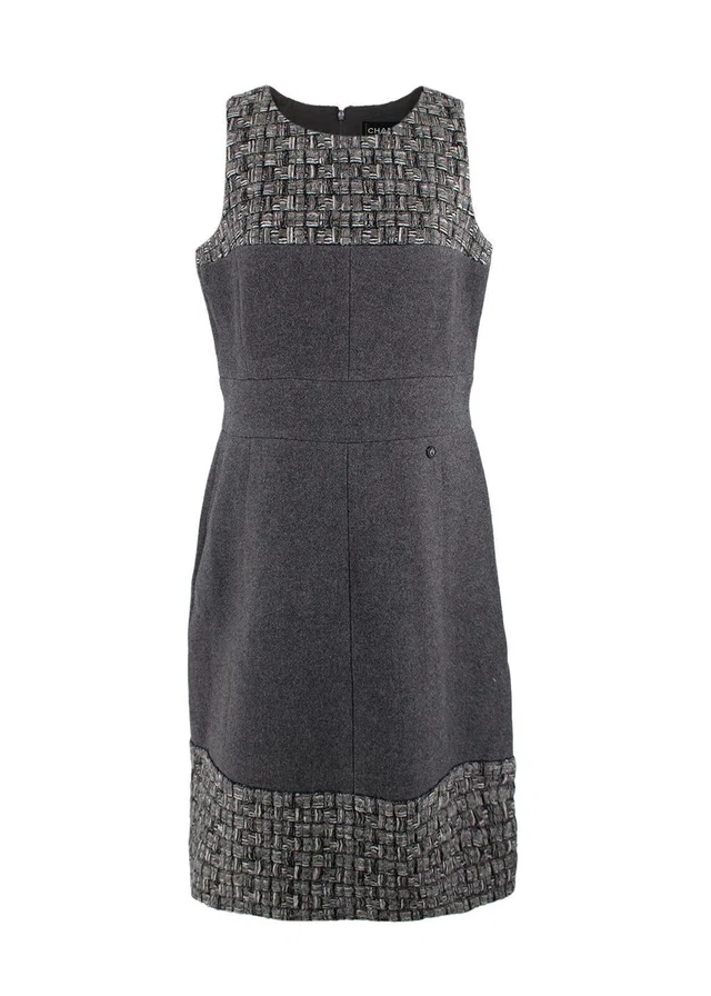 Chanel Grey Tweed Sleeveless Shift Dress in Grey Tweed from HEWI