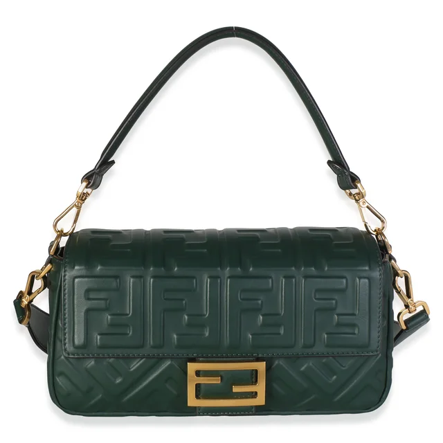 Fendi Dark Green Nappa FF 1974 Embossed Baguette Bag in Green Nappa leather from myGemma