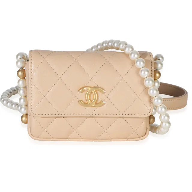Chanel Beige Quilted Calfskin About Pearls Card Holder With Chain in Beige Calfskin from myGemma