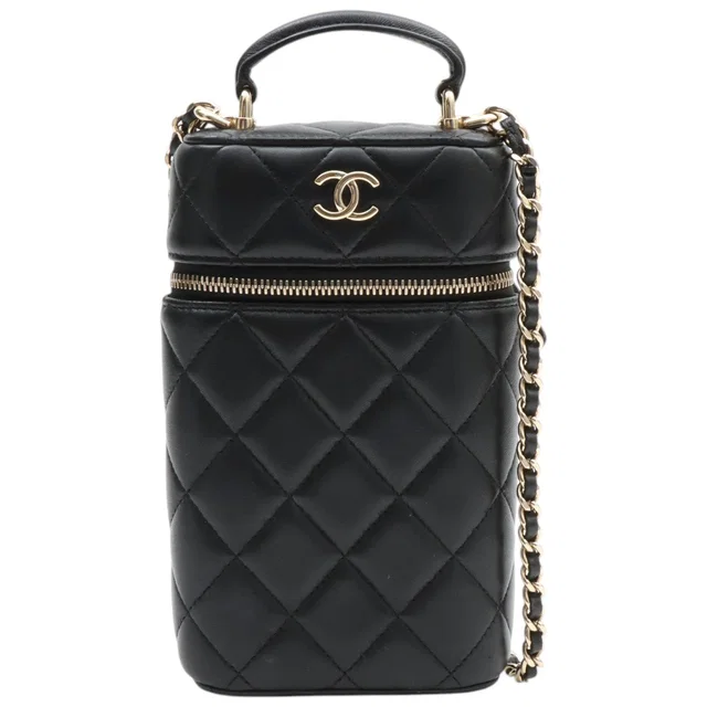 Chanel Matelassé Stitch CC Mark Plate Chain Phone Case, Black, manufactured circa 2021 in Black Lambskin from VINTAGE QOO TOKYO