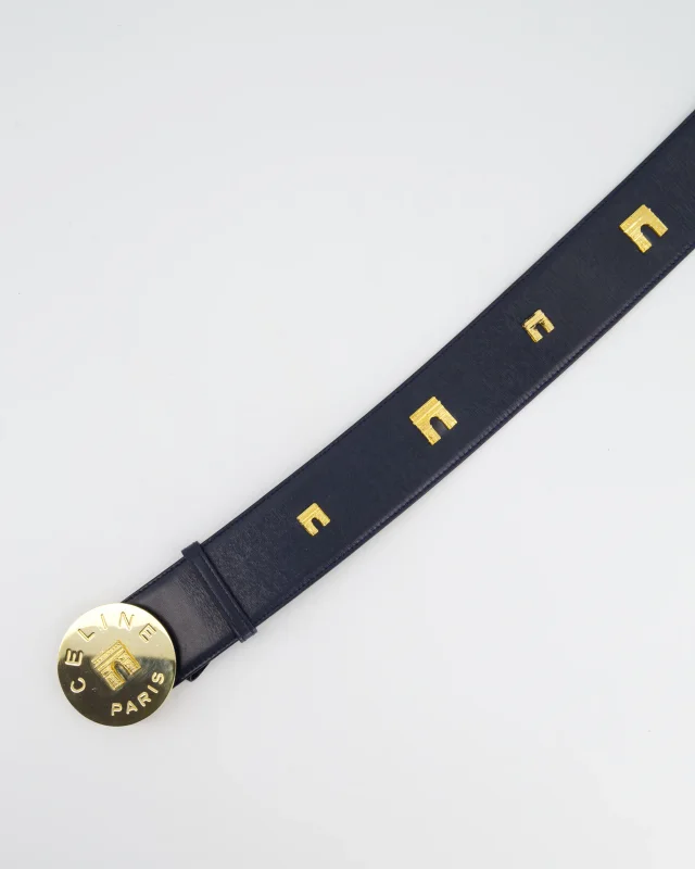 Celine 70cm Navy Blue Vintage Belt with Gold Arc de Triomphe Detailing in Navy Leather from Sellier, photo 2 of 6