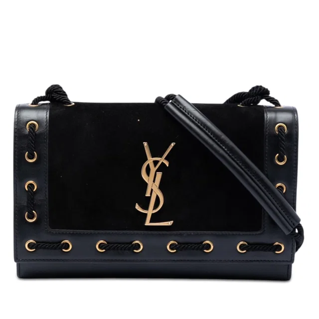 Black Saint Laurent Medium Suede Rope Stitch Kate Crossbody in Black Suede from Designer Revival