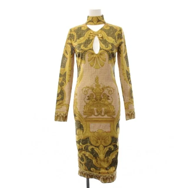Fendi Fendace Jersey Midi Dress Long Sleeve 38 Gold in Gold Nylon from The Reluxe