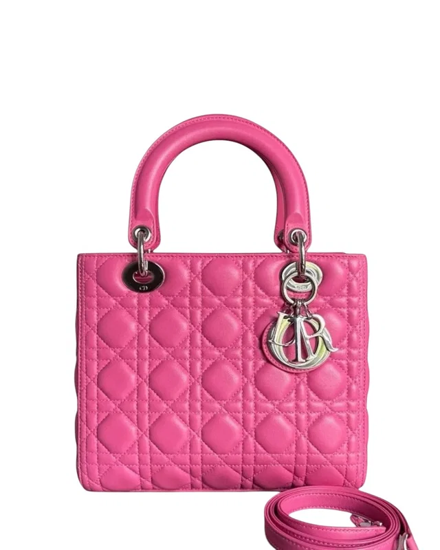 Dior Lady Medium - Cannage Lambskin Barbie Pink Silver Hardware Strap in Pink Lambskin from Luxury Promise