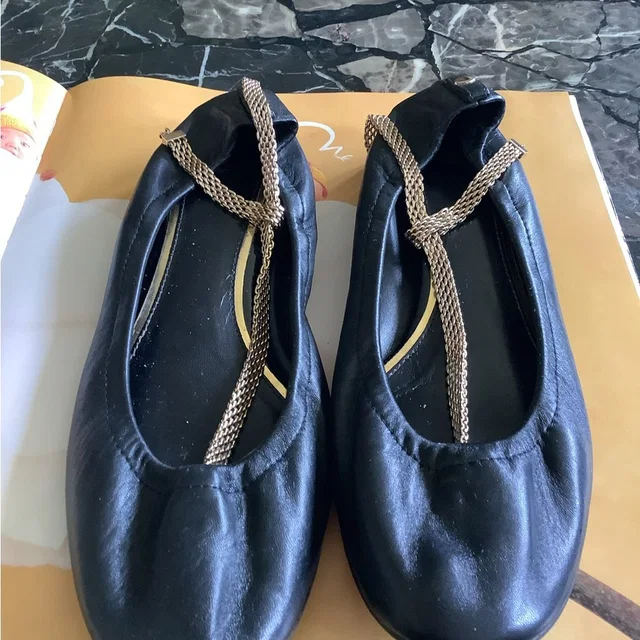 Lanvin Ballerine Avec Black Lambskin Leather Gold Ankle Chain Strap Sz 40.5 in black Lambskin from Poshmark