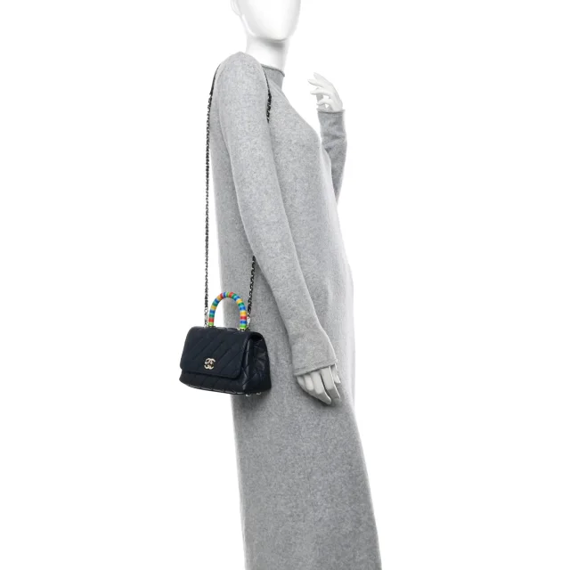 Chanel Quilted Extra Mini Rainbow Coco Handle Flap Navy Blue in Navy Goatskin from FASHIONPHILE, photo 2 of 11