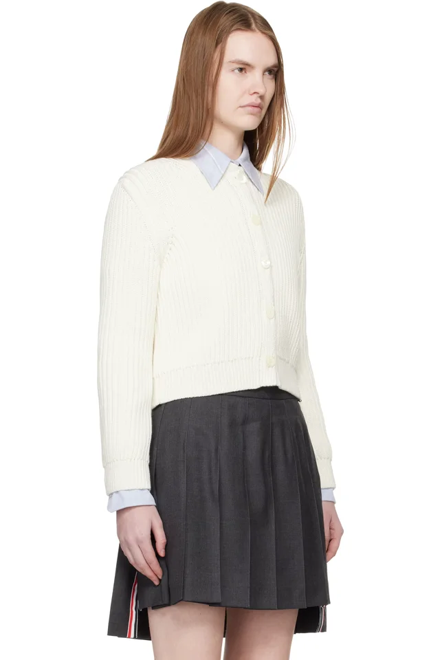 Thom Browne White Full Stitch Cropped Crew Neck Cardigan, photo 2 of 5 from SSENSE