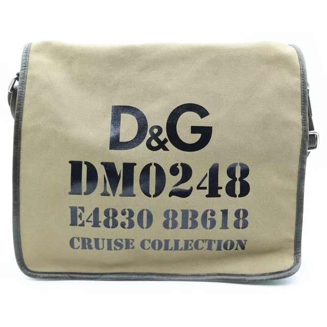 Dolce & Gabbana Logo Print Canvas Leather Messenger Shoulder Bag Khaki Silver in Green Canvas from The Reluxe