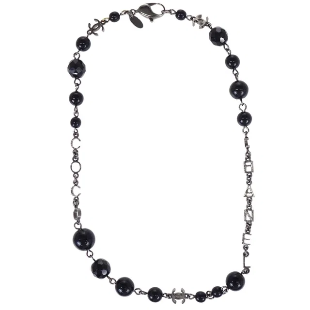 Chanel Black Beads Chain Necklace Silver 08A in Black from AMORE Vintage Tokyo