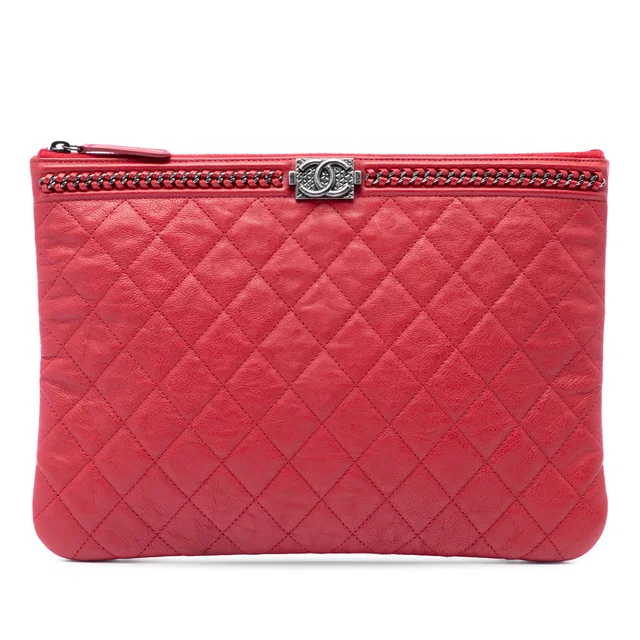 Red Chanel Medium Quilted Lambskin Chain Boy O Case Clutch in Red Lambskin from Designer Revival
