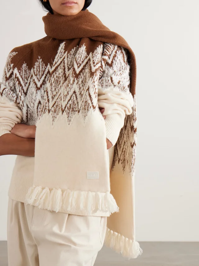 VARLEY Sebastian fringed Fair Isle knitted scarf in Brown, photo 2 of 2 from NET-A-PORTER (Canada)
