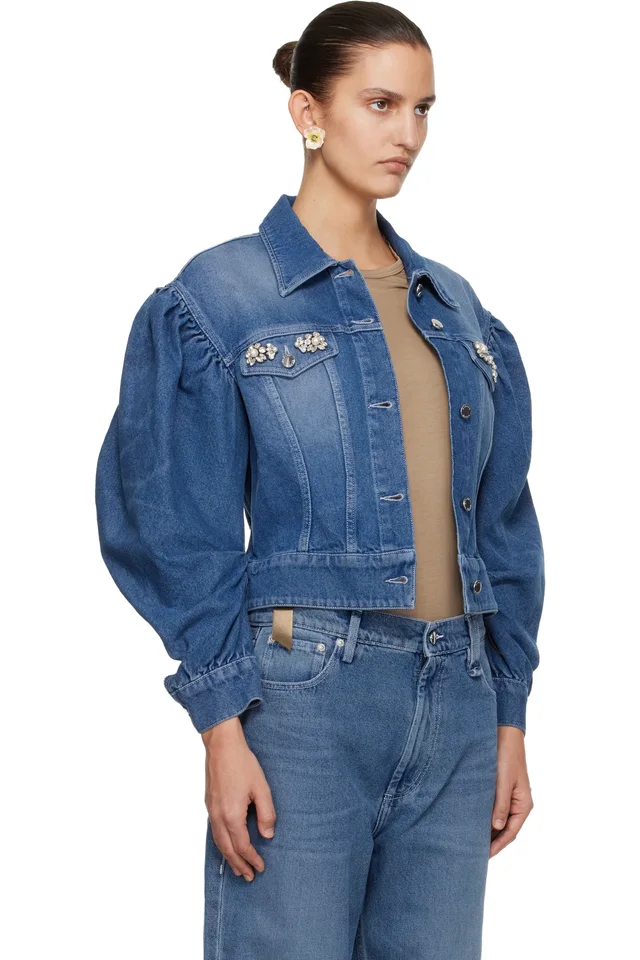 Simone Rocha Blue Embellished Sculpted Draped Sleeve Denim Jacket, photo 2 of 4 from SSENSE