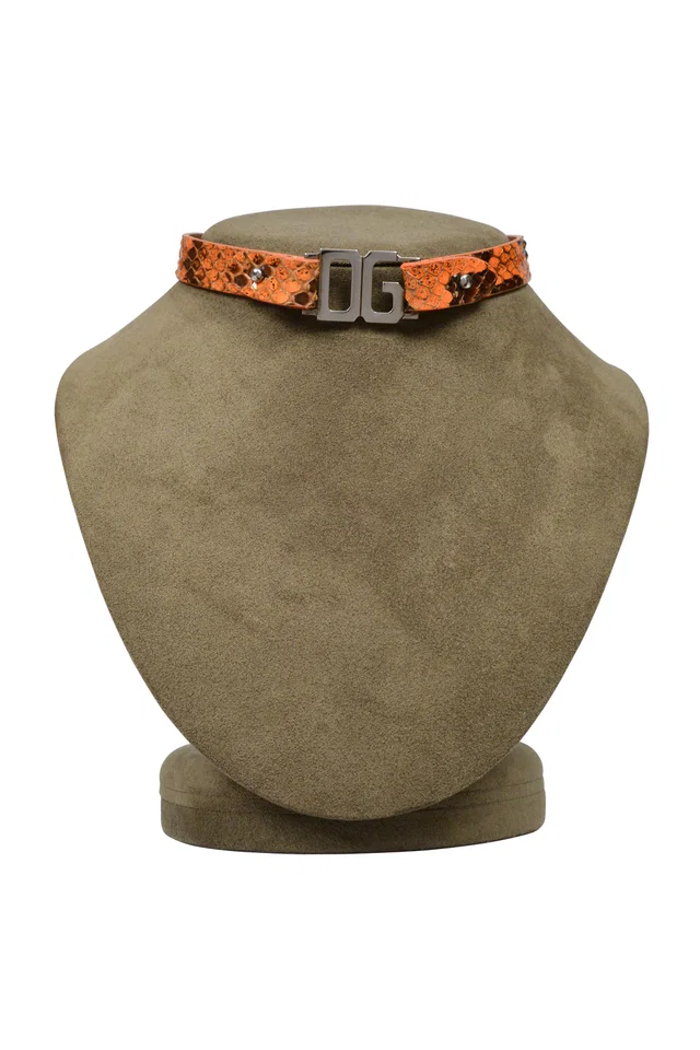 Dolce & Gabbana Orange Snake-effect Leather Choker Necklace With Chrome in Orange Leather from Resurrection Vintage