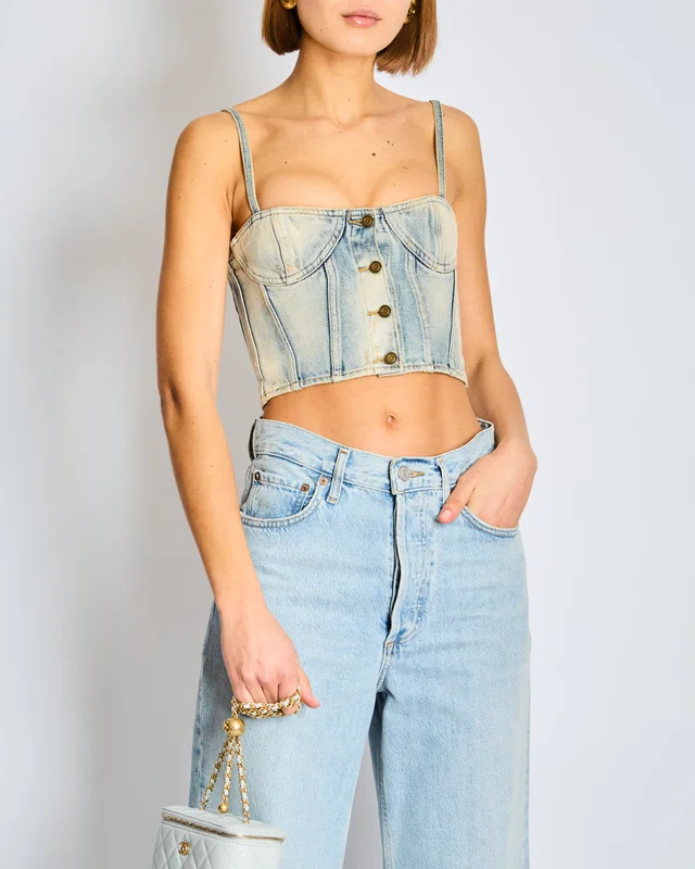 Saint Laurent Blue Denim Sweetheart Neckline Corset Top FR 36 Size UK 8 in Blue Denim from Sellier