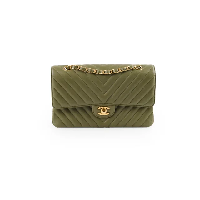 Chanel Medium Classic Flap Khaki Green Chevron Calfskin GHW in Green Calfskin from The Purse Affair