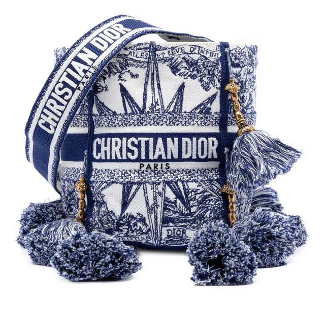 Blue Dior Canvas Embroidered Reve d Infini D Bubble Bucket Bag in Blue Canvas from Designer Revival