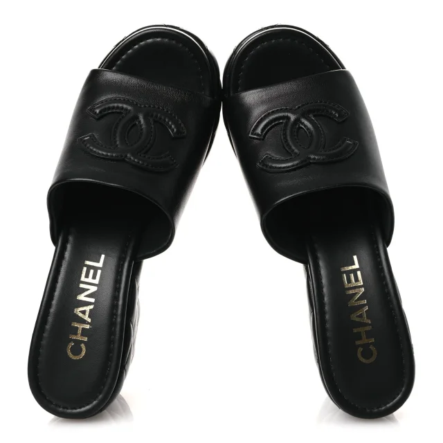Chanel Quilted CC Platform Mules 39 Black in Black Lambskin from FASHIONPHILE, photo 2 of 11