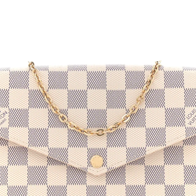 Louis Vuitton Damier Azur Pochette Felicie Chain Wallet Rose Ballerine in Pink Coated canvas from FASHIONPHILE, photo 9 of 12