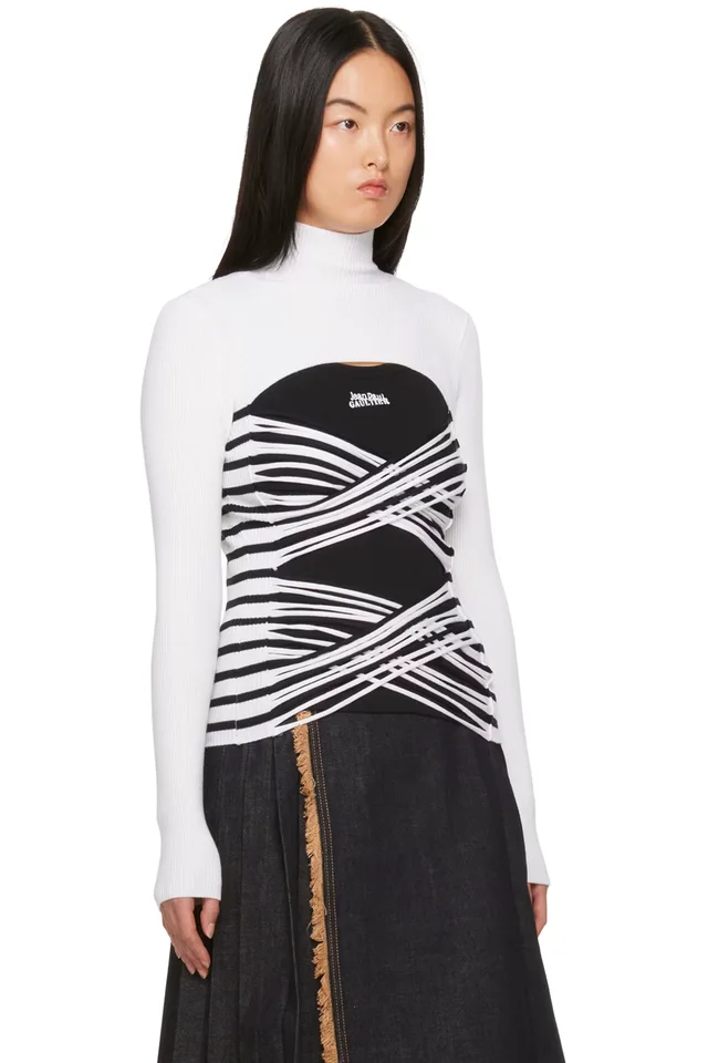 Jean Paul Gaultier White & Navy Striped Turtleneck, photo 2 of 4 from SSENSE