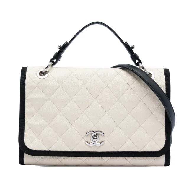 White Chanel CC Bicolor Quilted Caviar and Grosgrain Top Handle Flap Satchel in White Caviar leather from Designer Revival